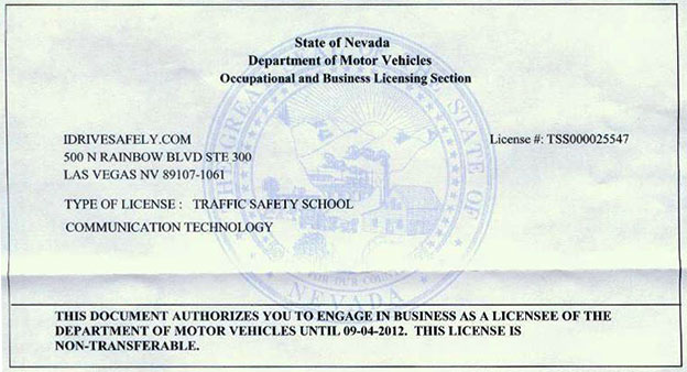 Nevada Traffic School DMV Approved Certificate